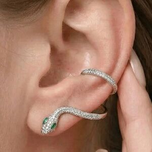 Sterling Silver Moissanite Snake Climber Earrings with Green Eyes